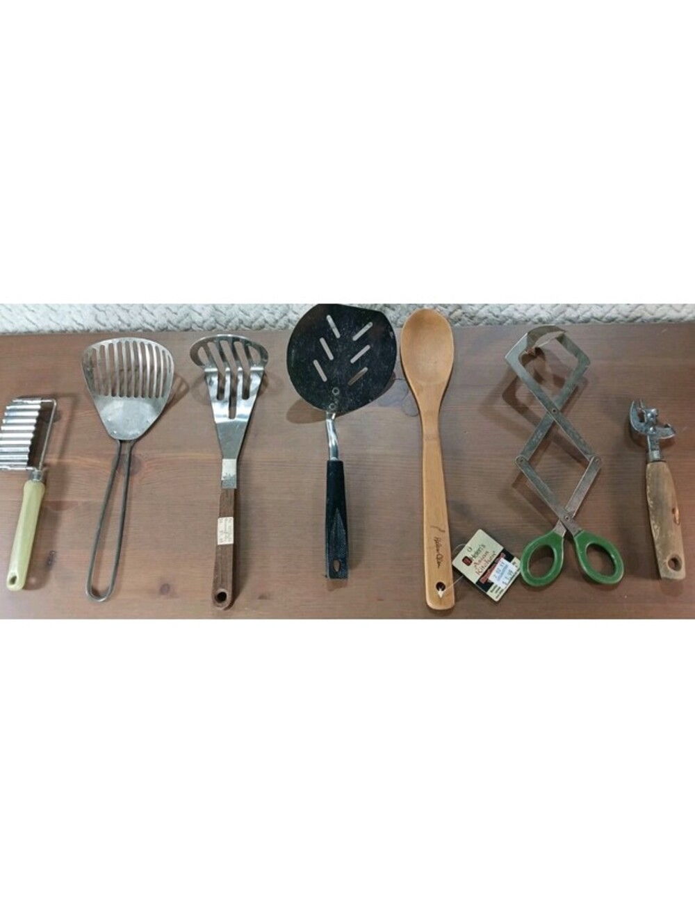 7 - Vintage Kitchen Cooking Spatula - Slotted & Wooden Spoon - Ekco Can Opener